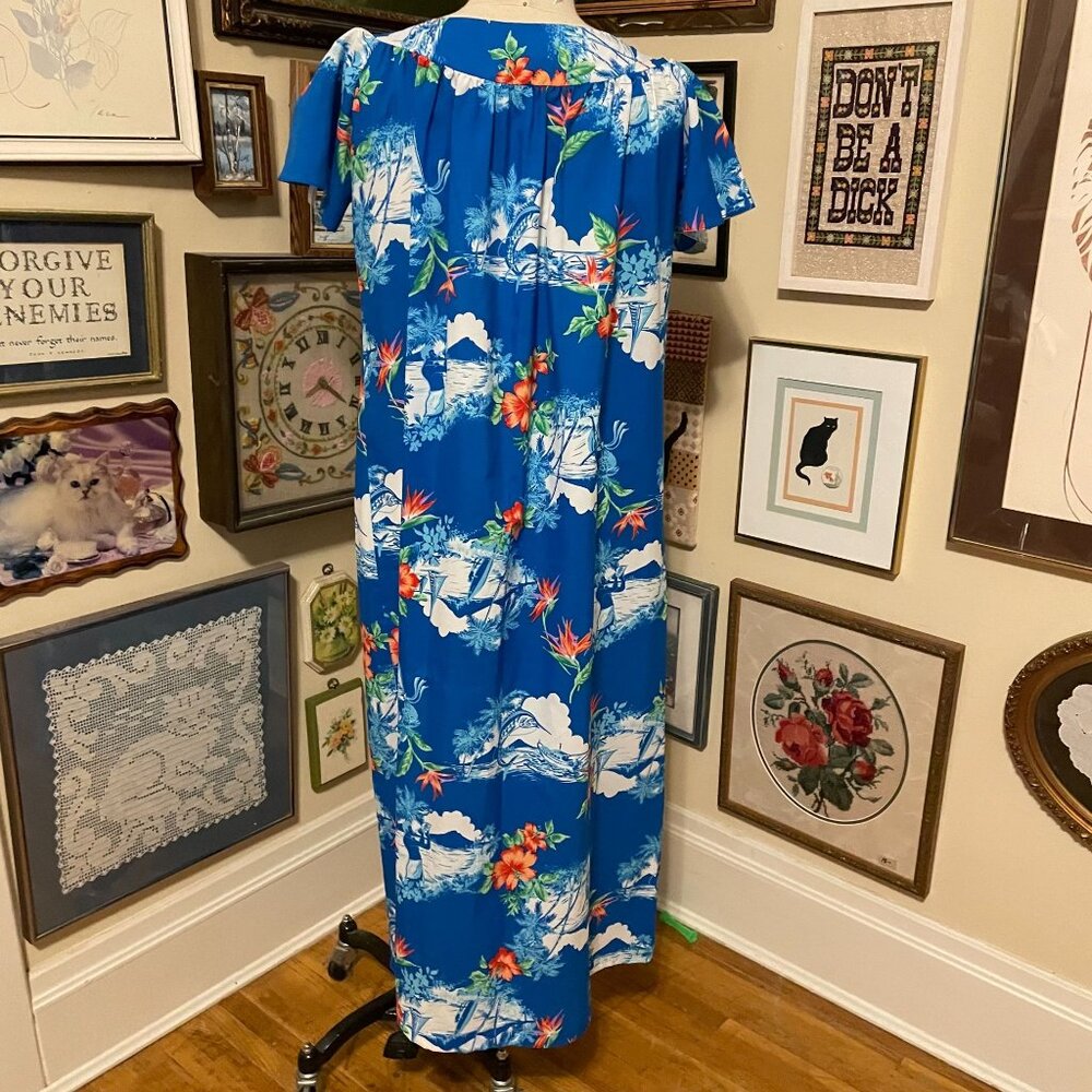 Vintage Made In Hawaii Blue Red White Short Sleeve Floral Maxi Dress Size 12 - Picture 4 of 5